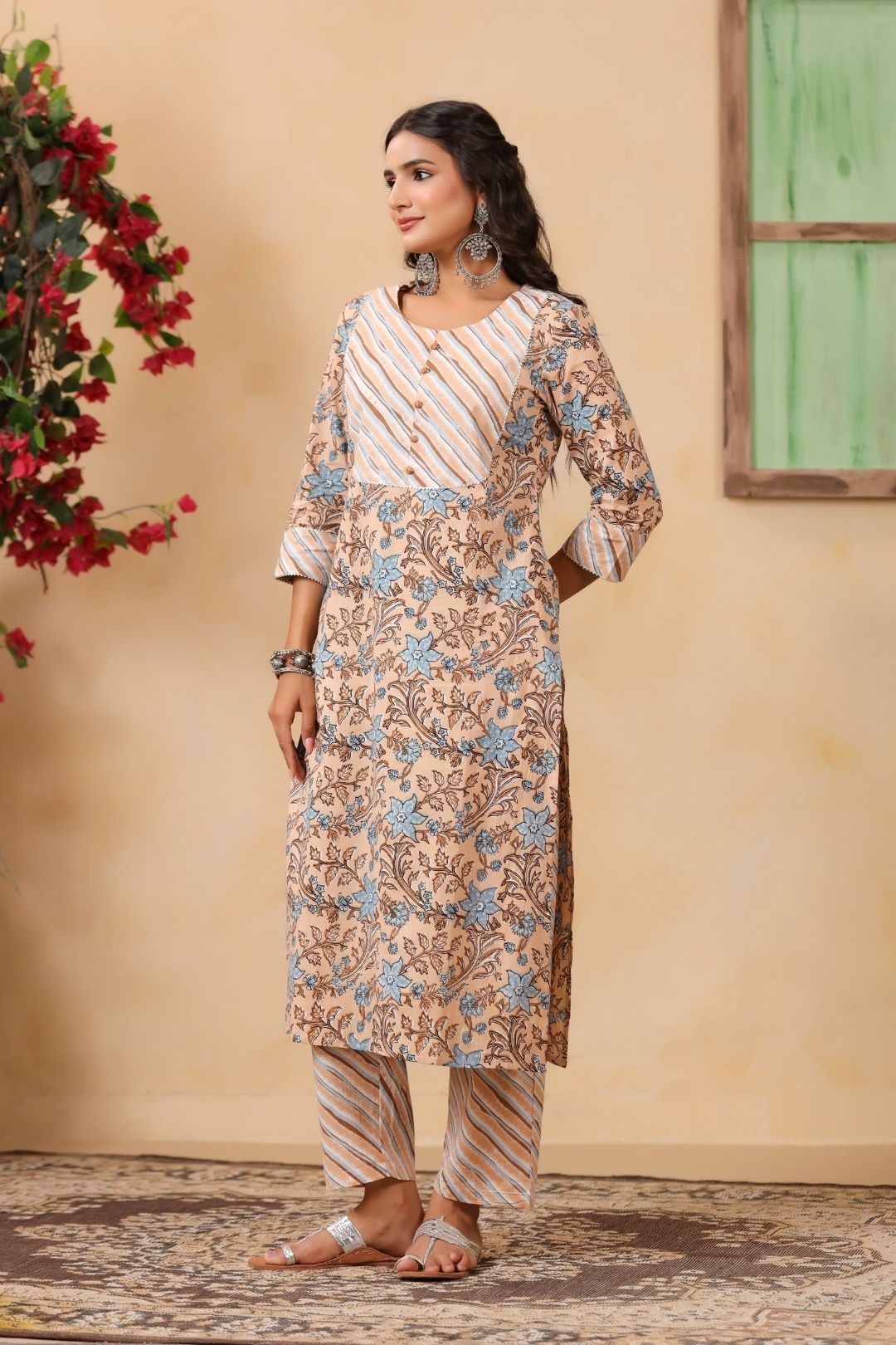 Beige Floral Print Cotton Kurta Set