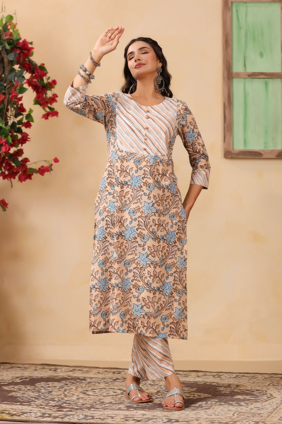 Beige Floral Print Cotton Kurta Set