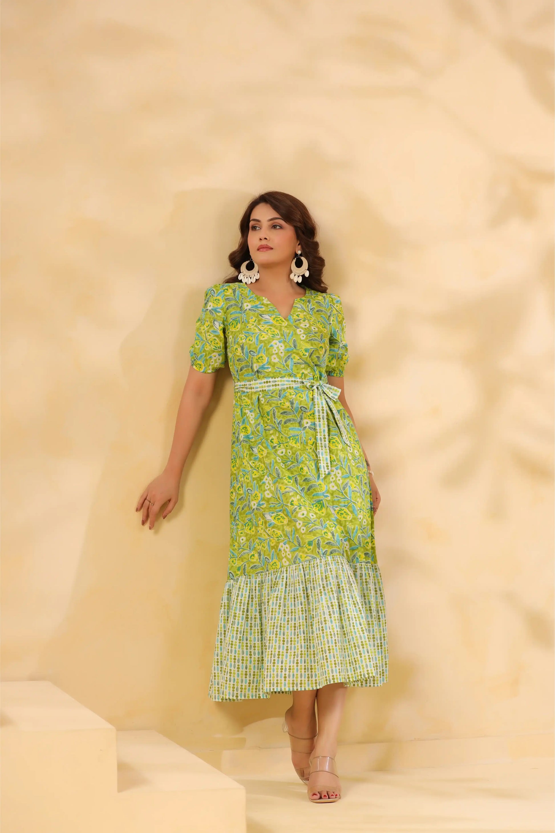 Green floral cotton dress with tiered hem and belt for women
