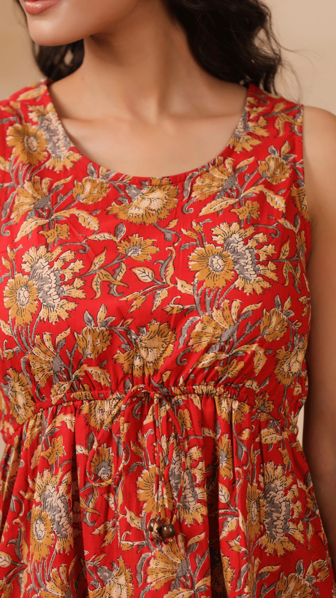 Red Floral Print Drawstring Dress