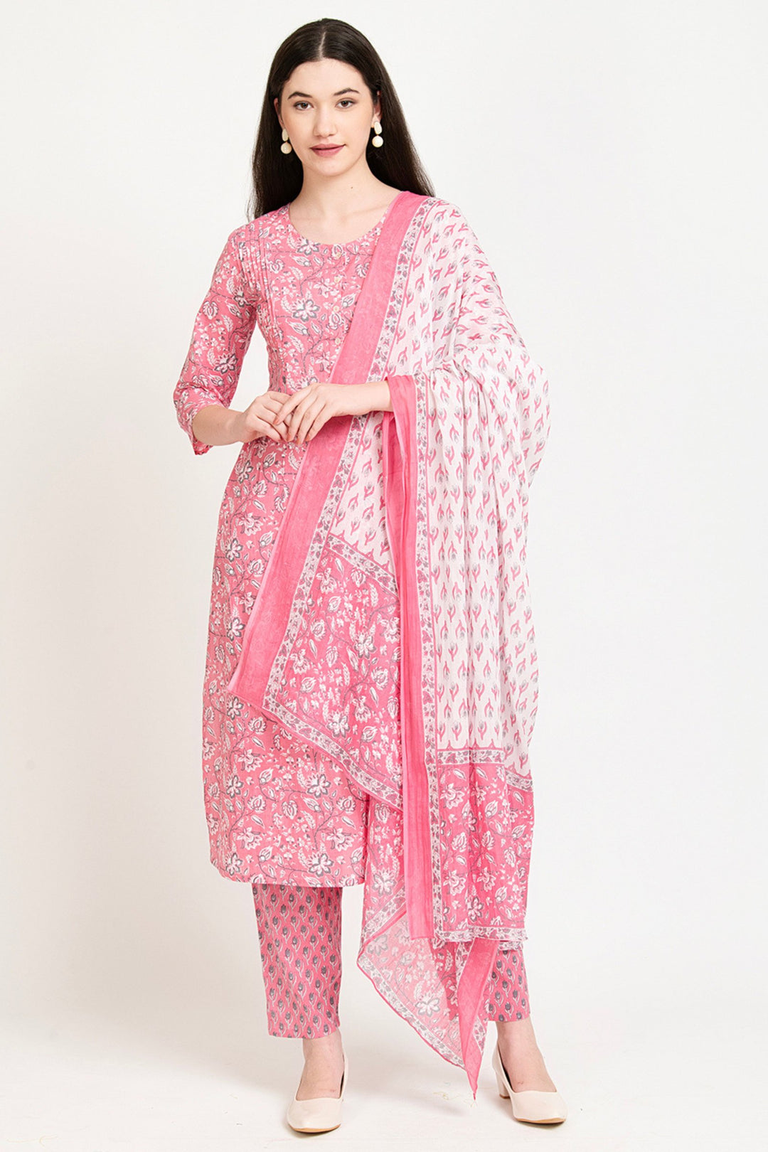 Pink floral cotton kurta set with matching palazzo and dupatta for women
