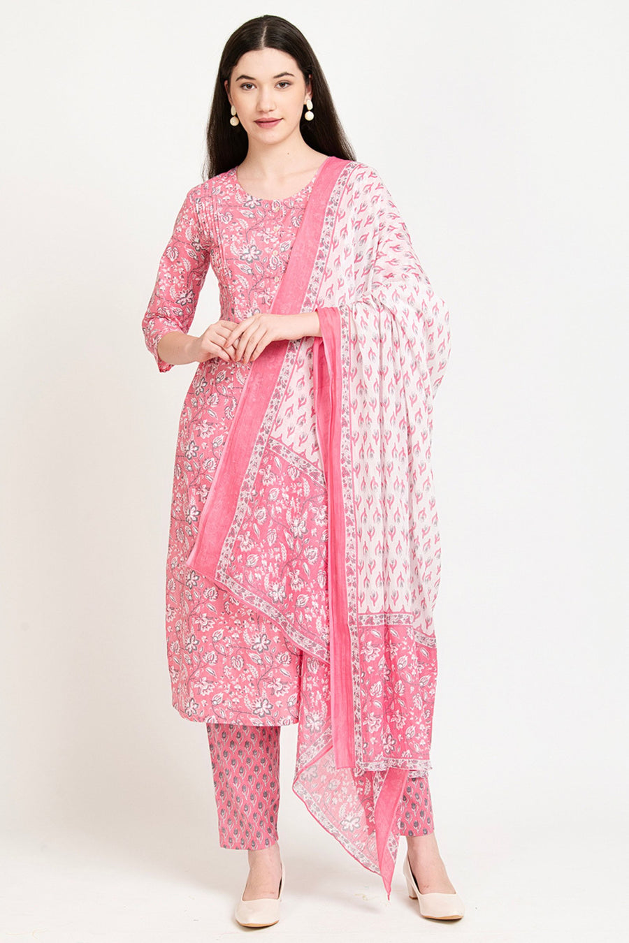 Pink floral cotton kurta set with matching palazzo and dupatta for women