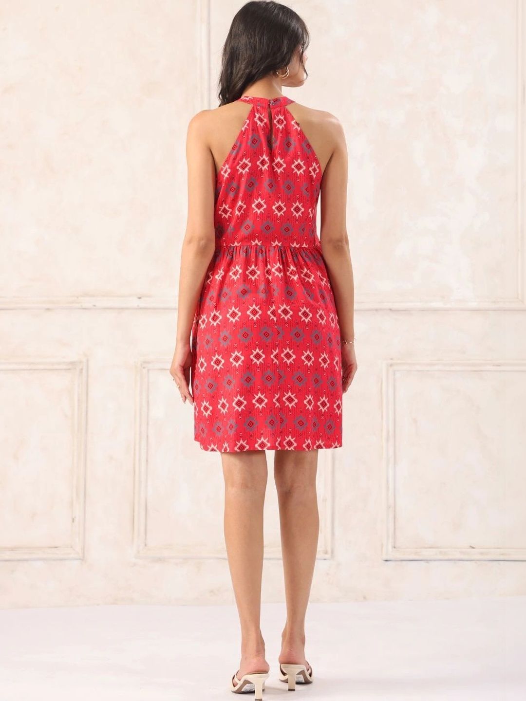 Red Ikat Print Halter Neck Mini Dress
