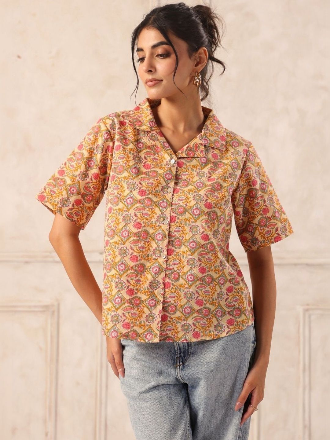 Yellow Floral Block Print Cotton Collared Shirt