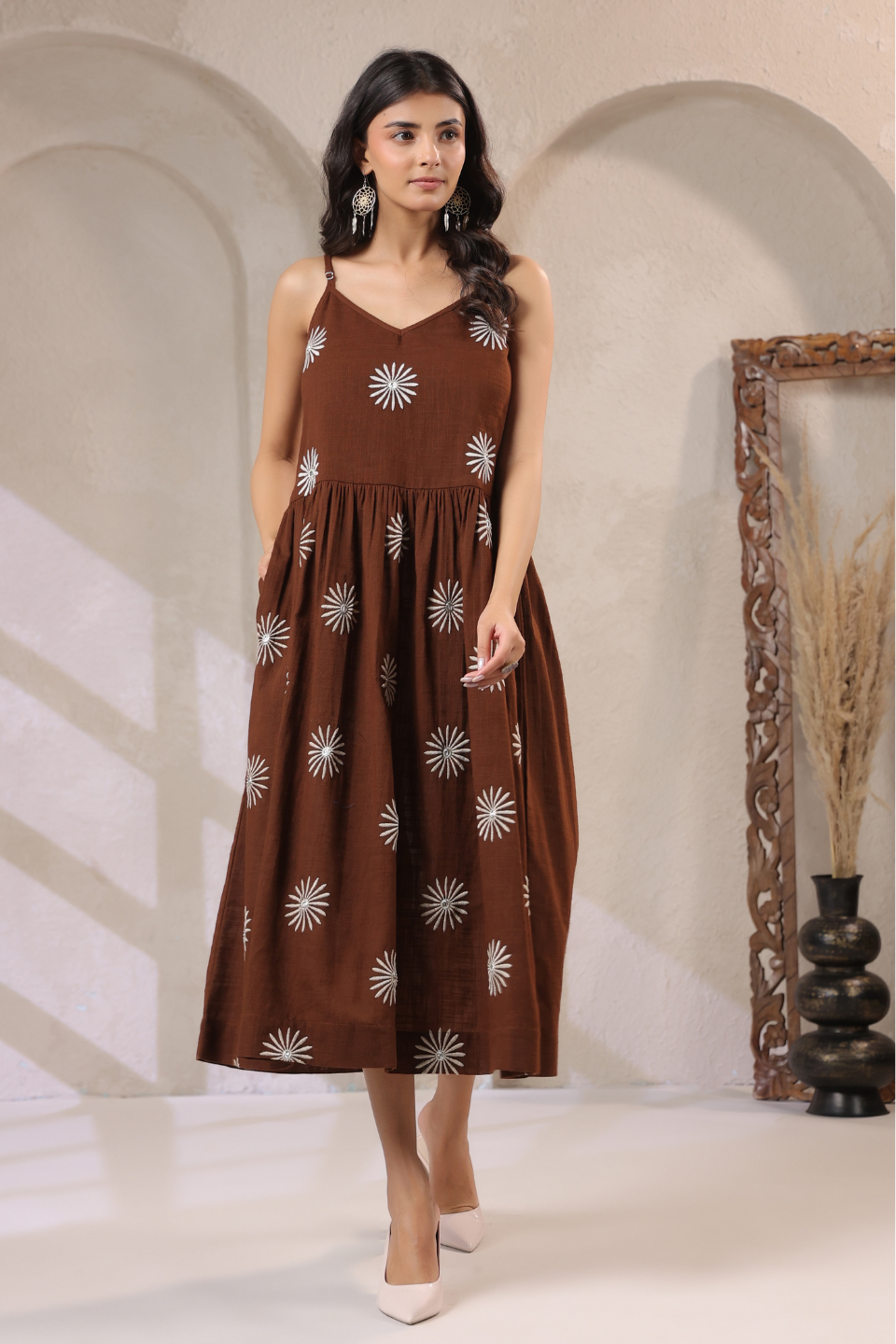 Brown cotton dress with white floral embroidery, elegant daily wear for women