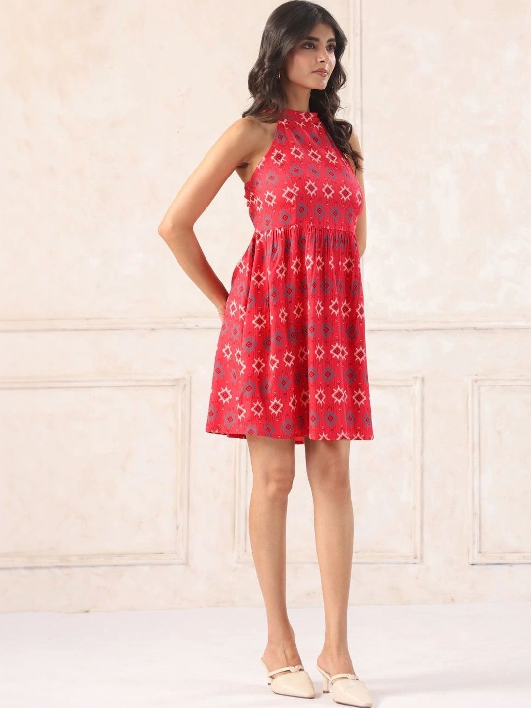 Red Ikat Print Halter Neck Mini Dress