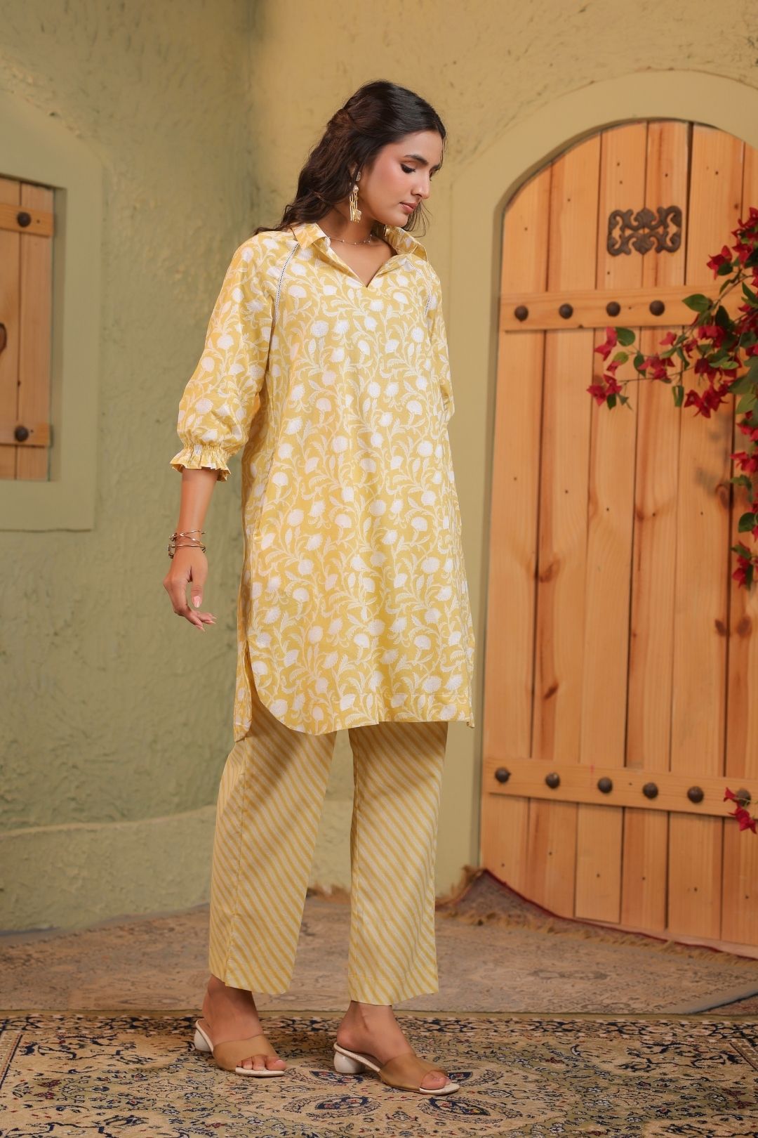 Yellow Khadi Print Kurta Set