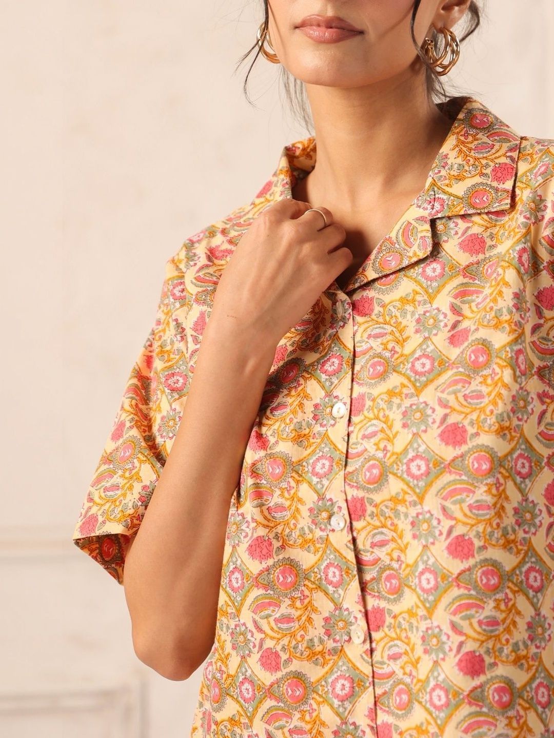 Yellow Floral Block Print Cotton Collared Shirt
