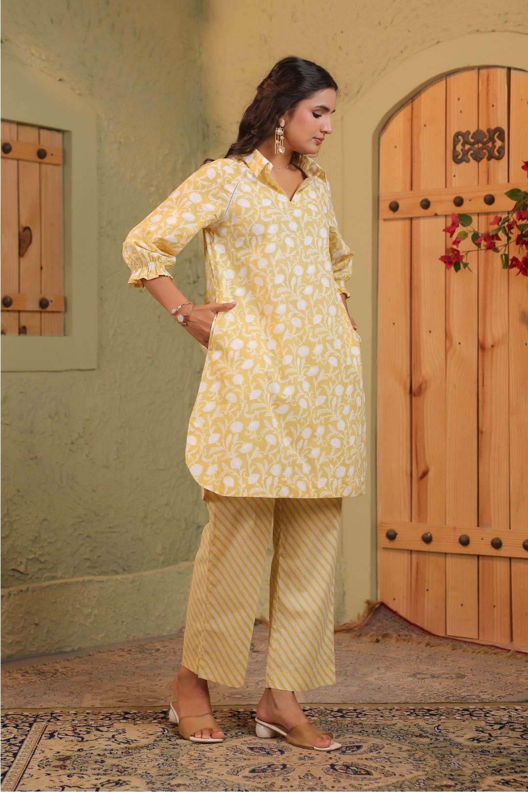 Yellow Khadi Print Kurta Set