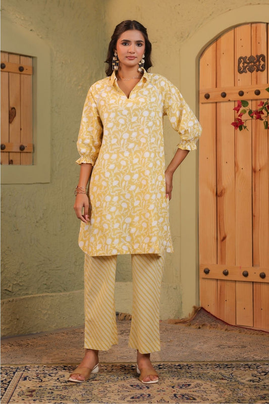 Yellow Khadi Print Kurta Set