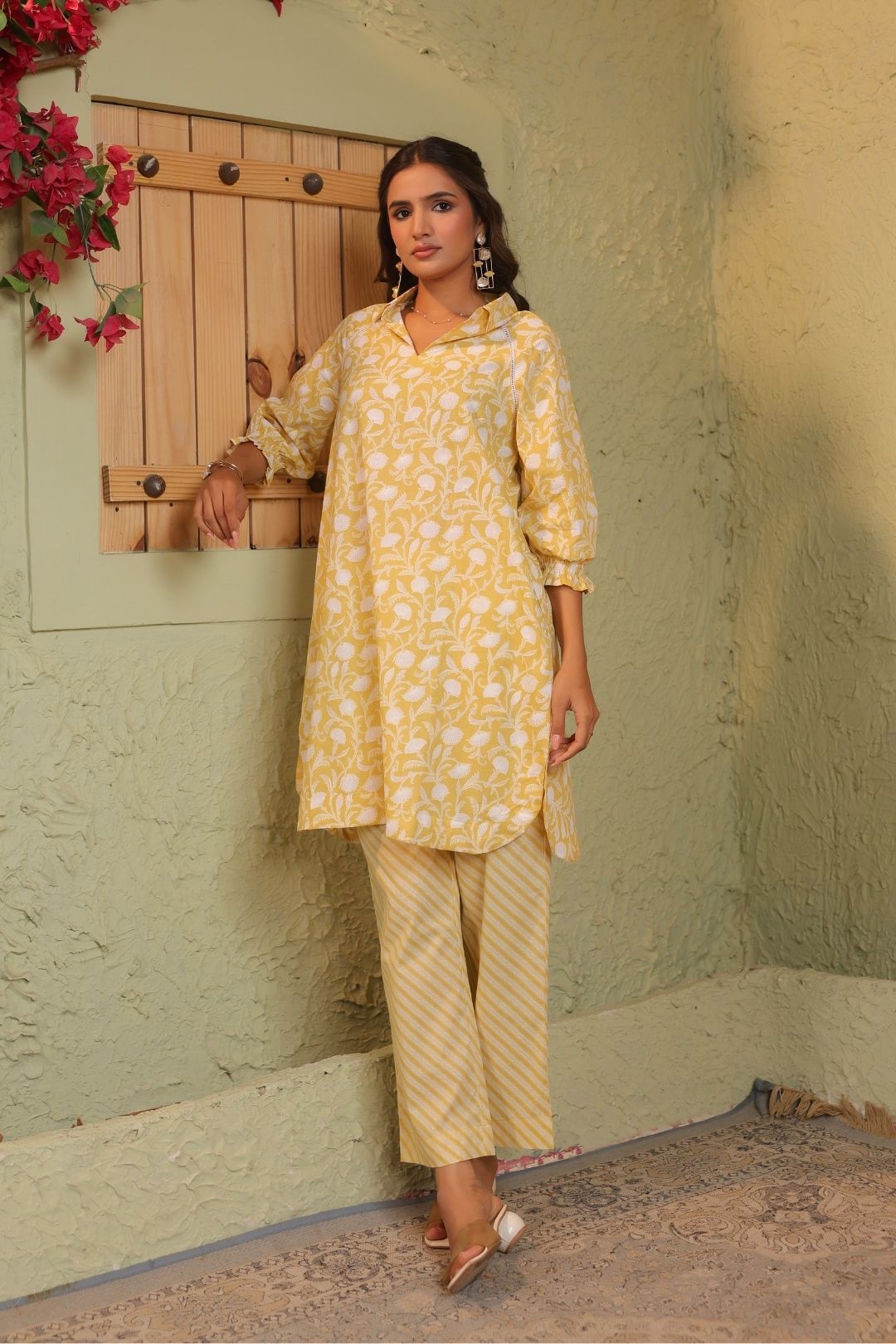 Yellow Khadi Print Kurta Set