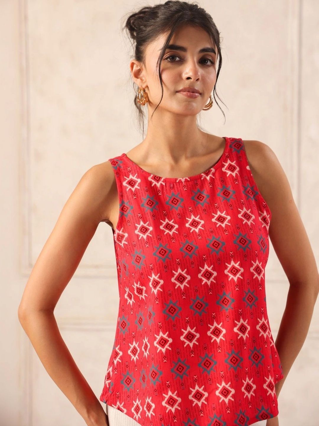 Red Ikat Print Sleeveless Top with Overlap Back