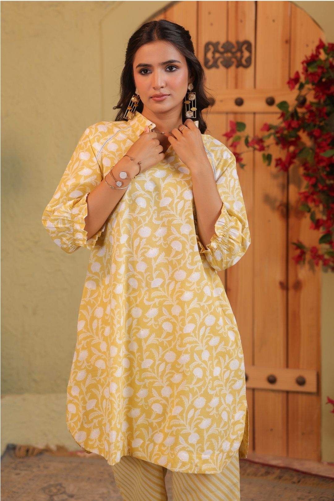 Yellow Khadi Print Kurta Set
