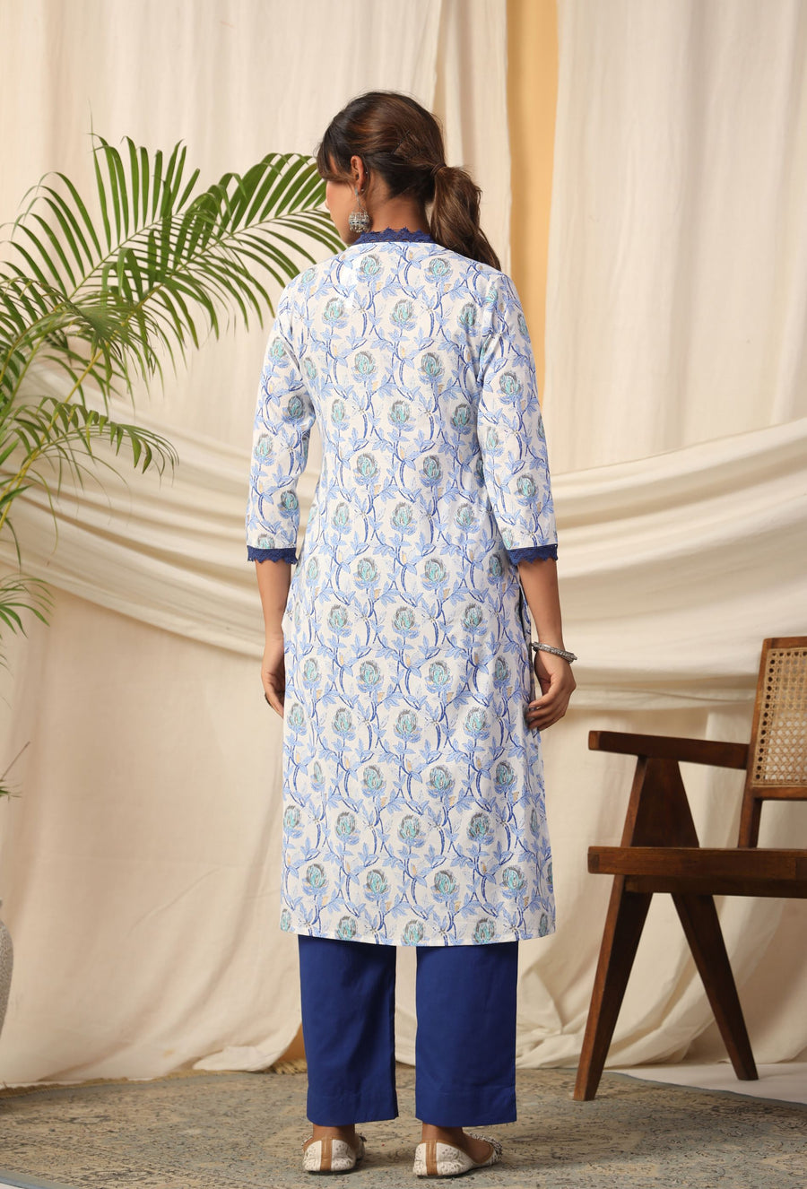 Blue Floral Cotton A-Line Kurta Set