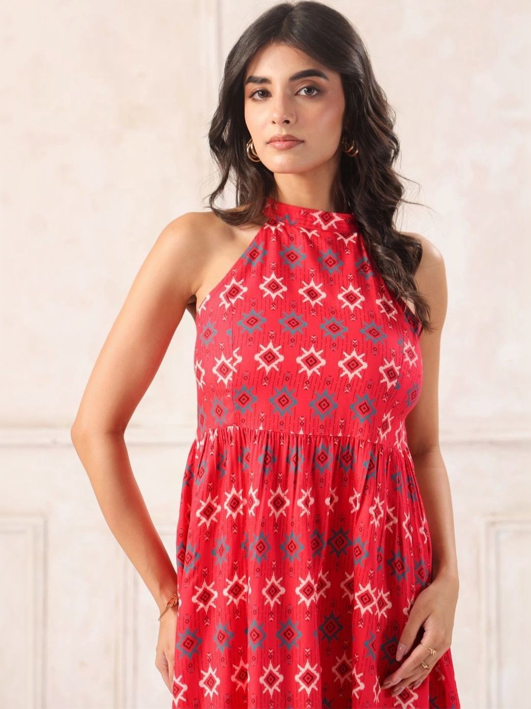 Red Ikat Print Halter Neck Mini Dress