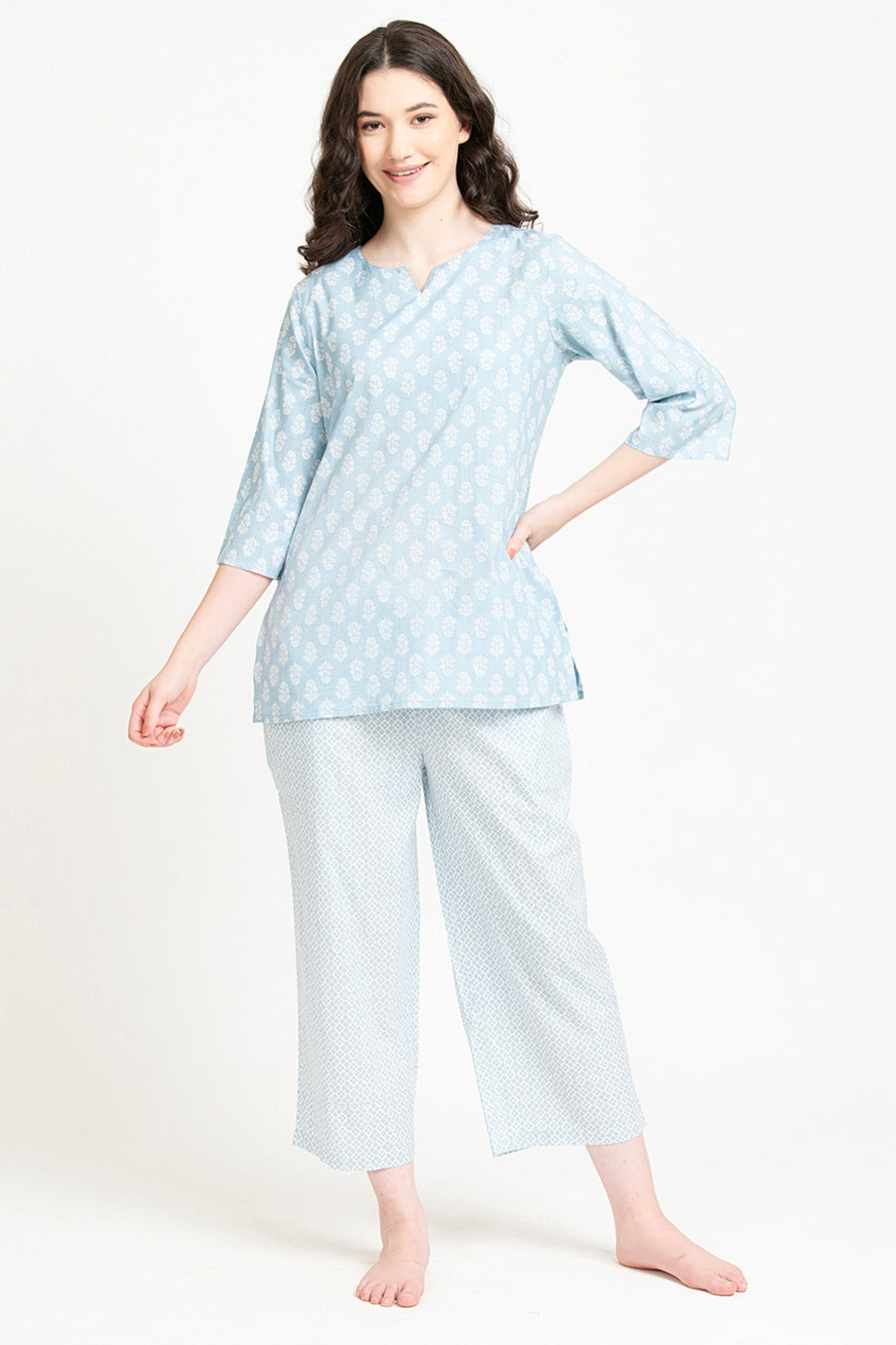 Light blue printed cotton kurta set with matching palazzo pants for women