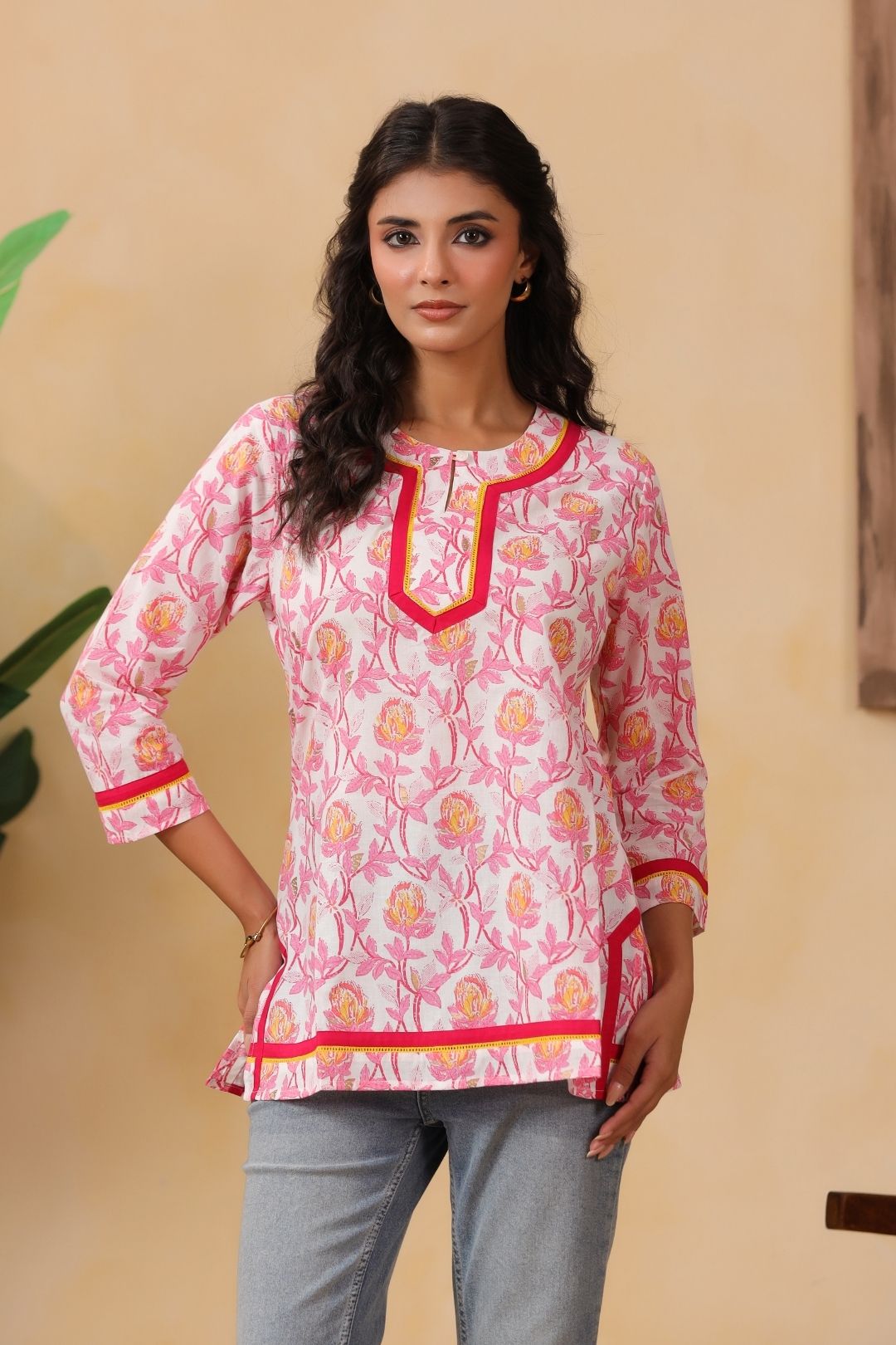 White and Pink Floral Cotton Tunic