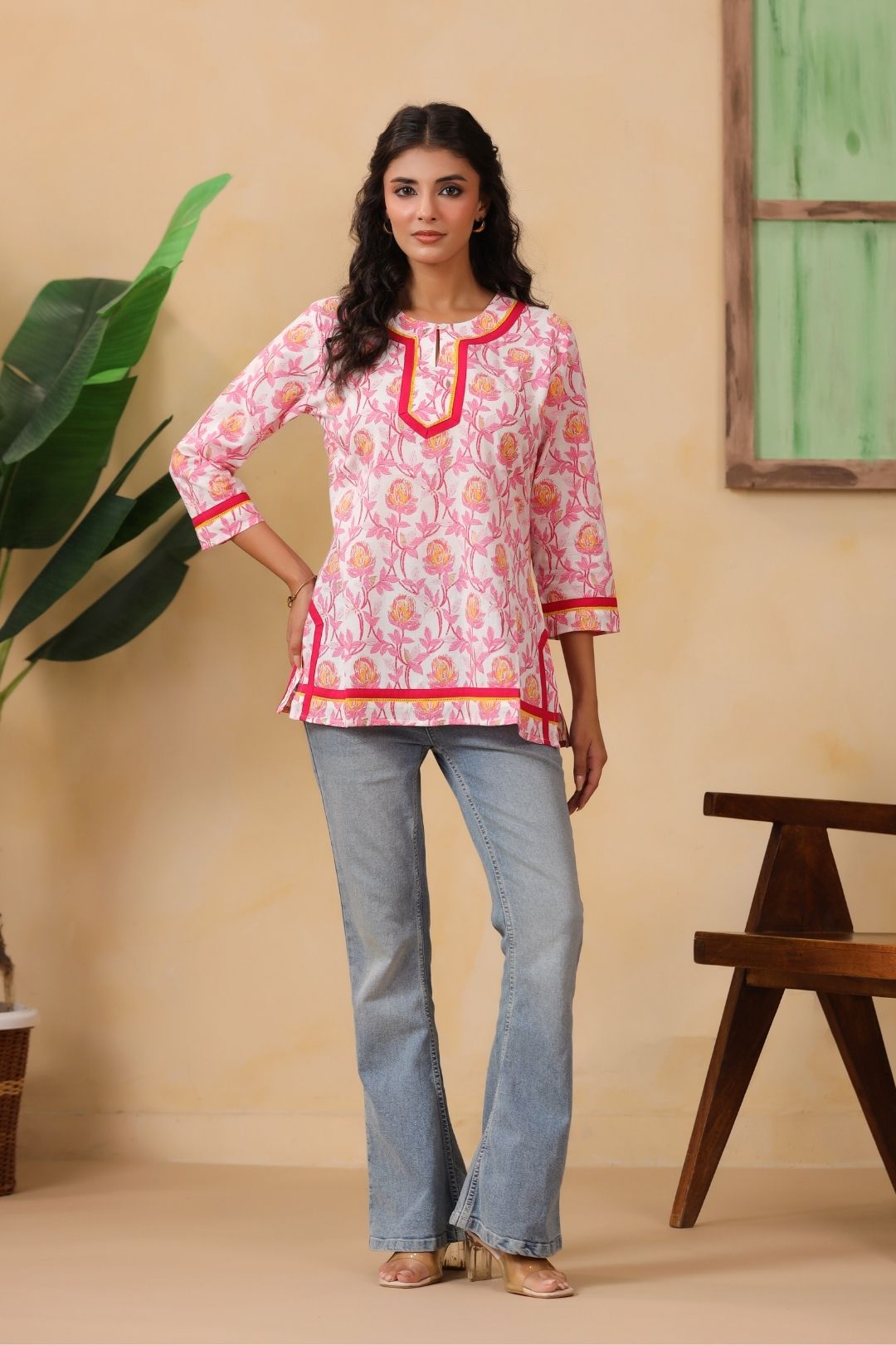 White and Pink Floral Cotton Tunic