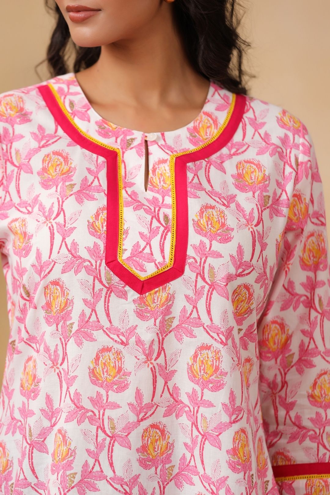 White and Pink Floral Cotton Tunic
