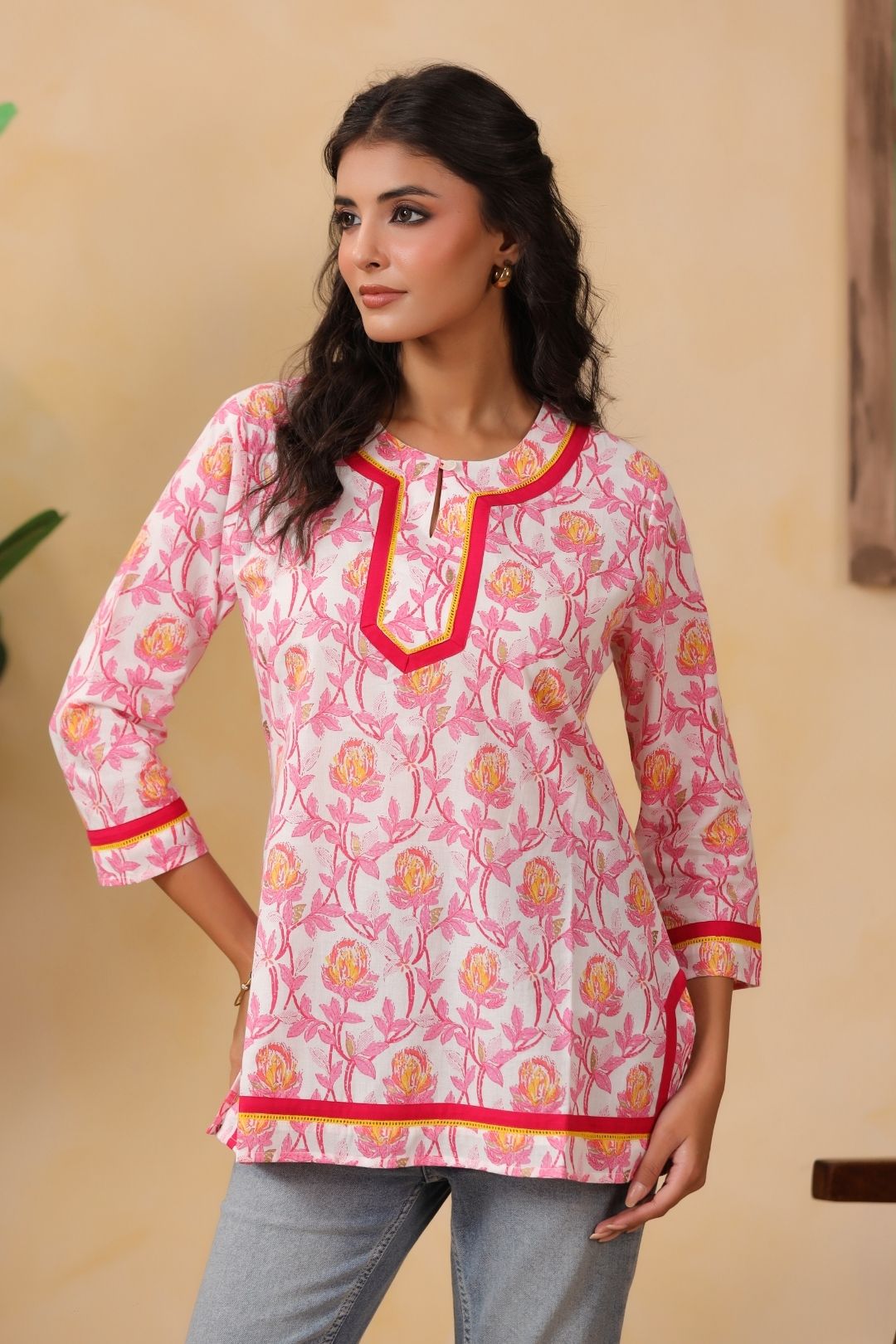 White and Pink Floral Cotton Tunic