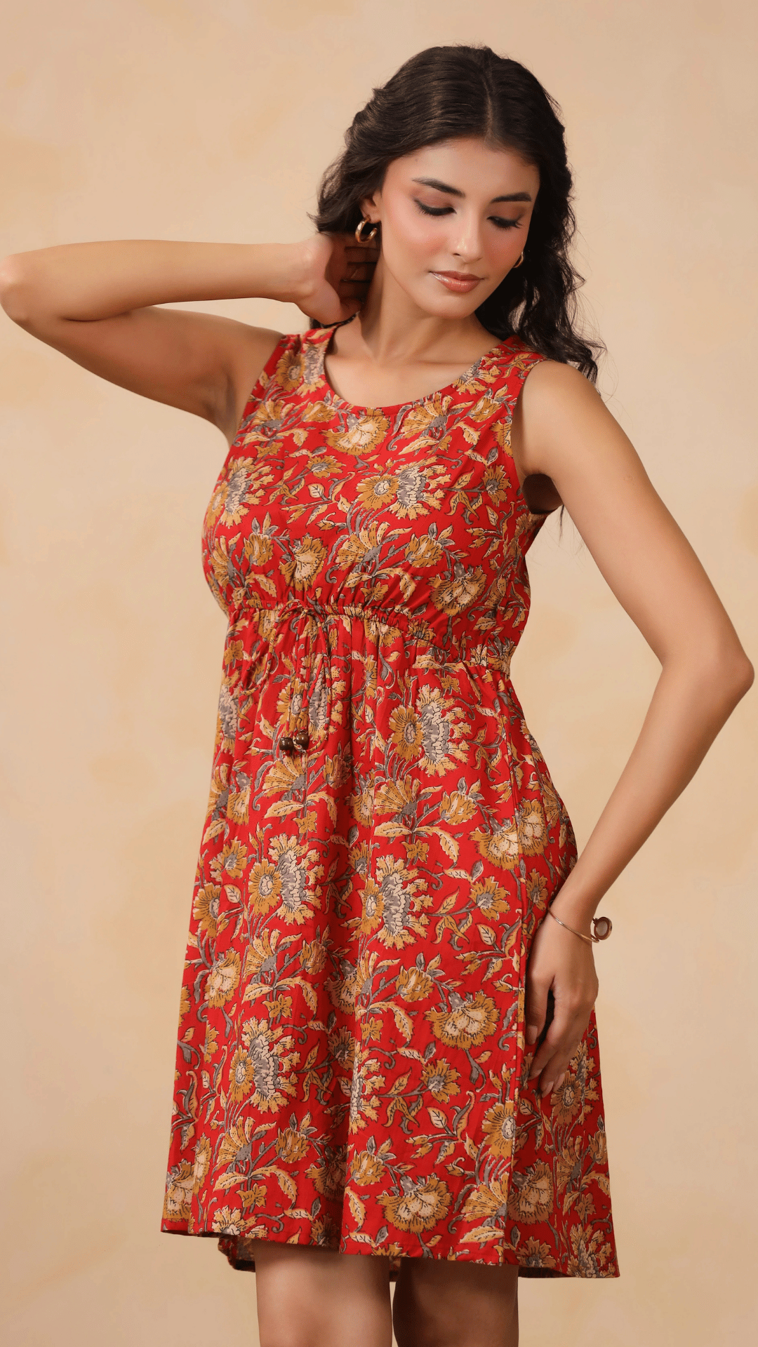 Red Floral Print Drawstring Dress