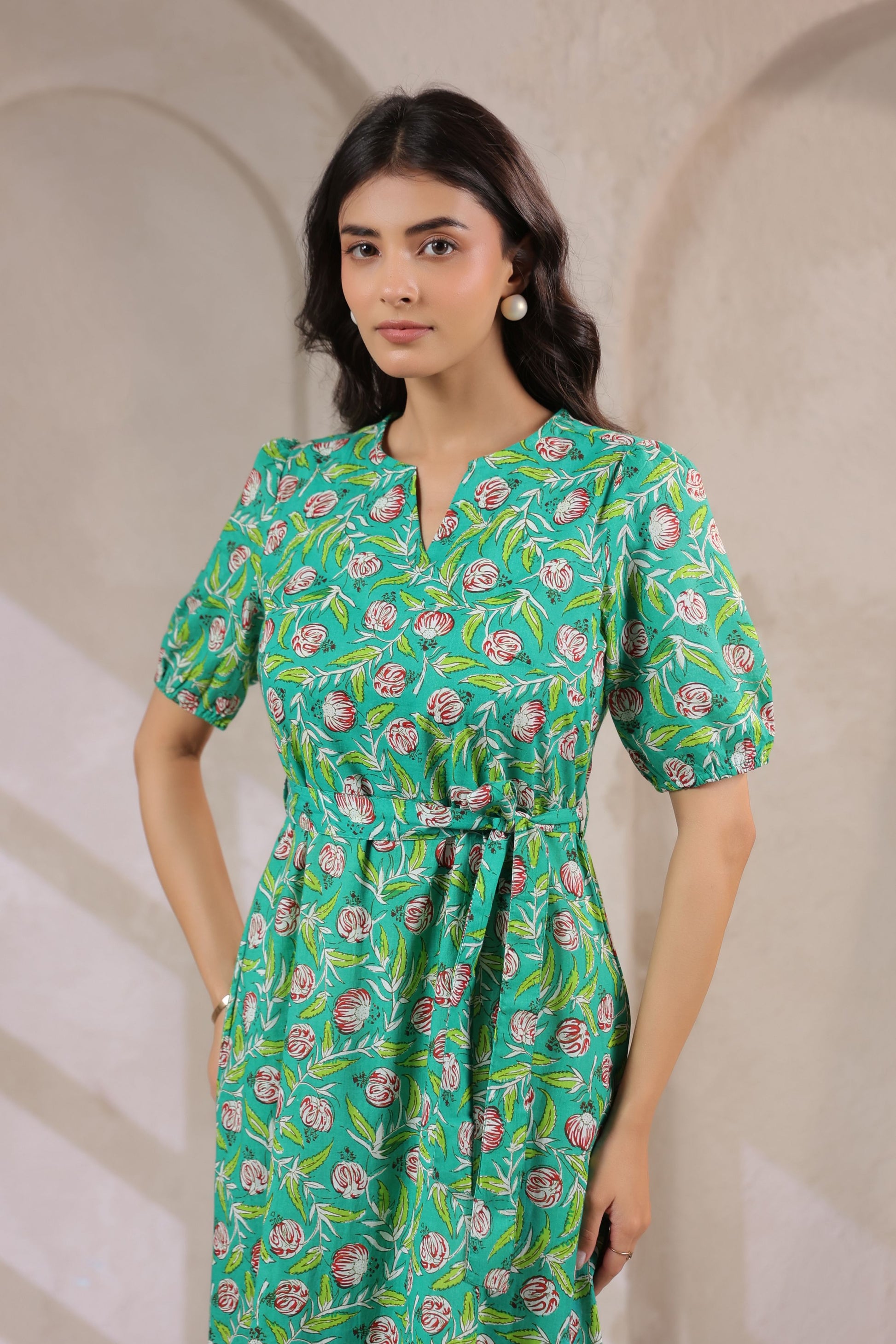 A-line belted maxi dress green