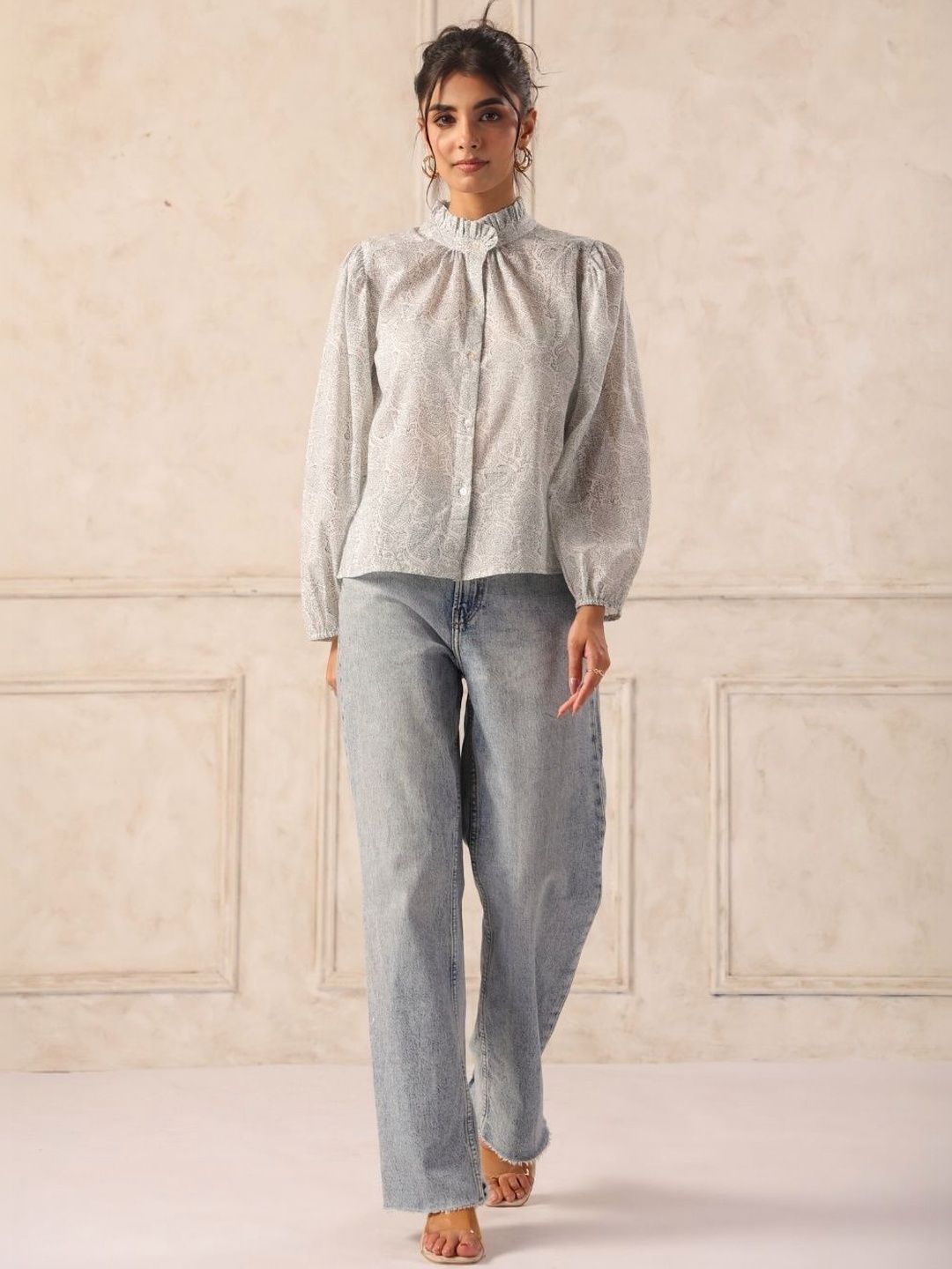 White & Grey Hand Block Print Cotton Ruffle Neck Shirt