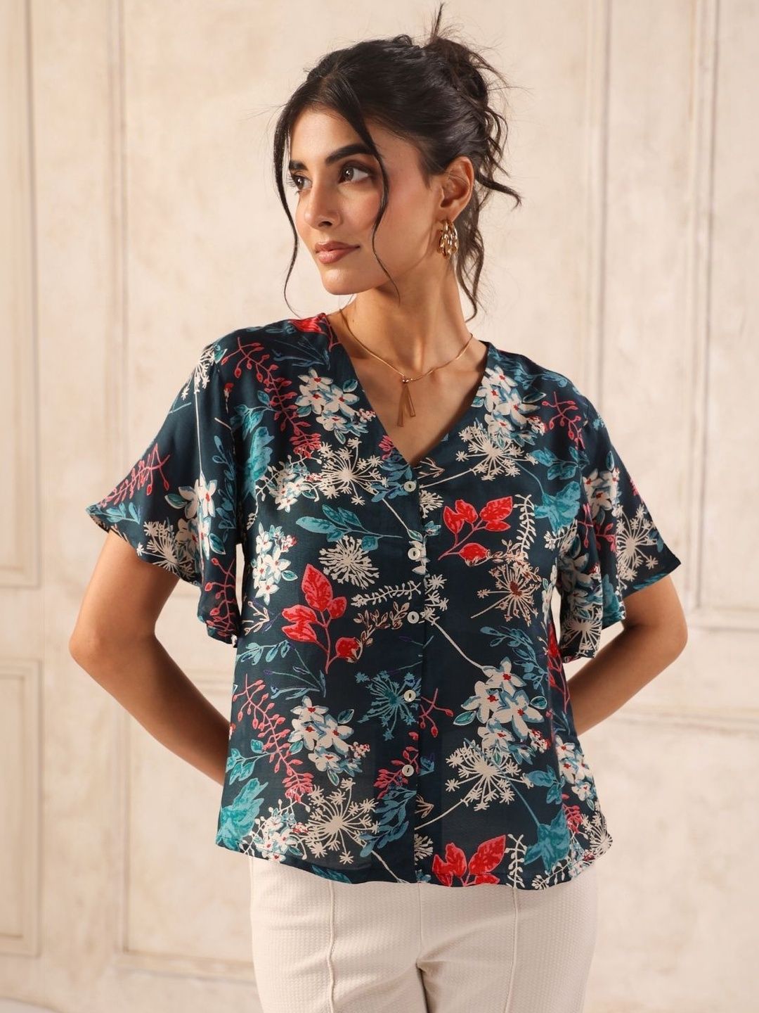 Teal Floral Print Flutter Sleeve Boxy Shirt Top