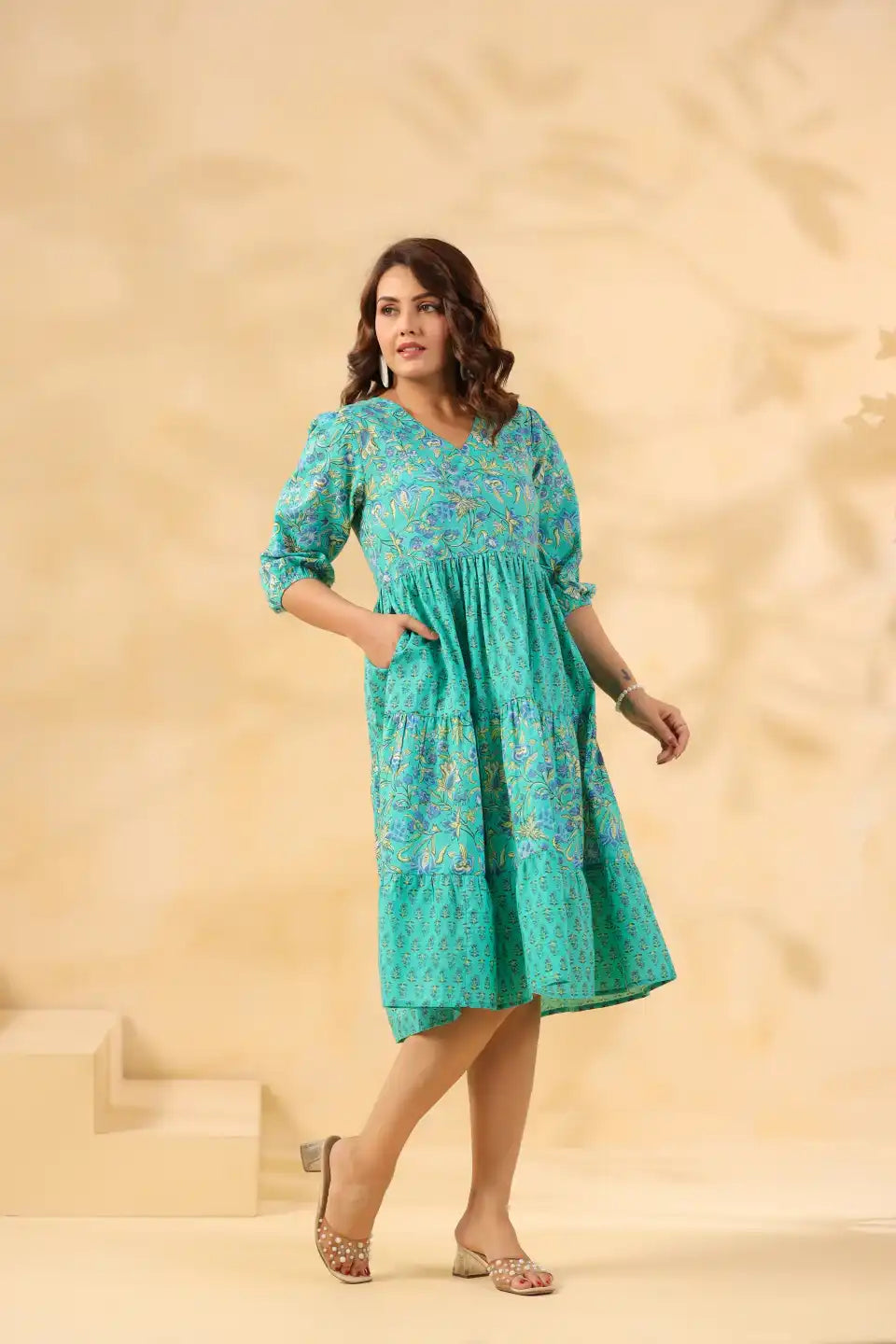 Teal floral print cotton kurta dress for women, elegant daily wear with tiered skirt and puff sleeves