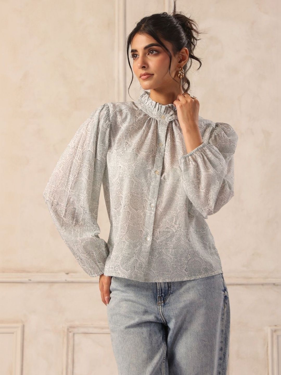 White & Grey Hand Block Print Cotton Ruffle Neck Shirt