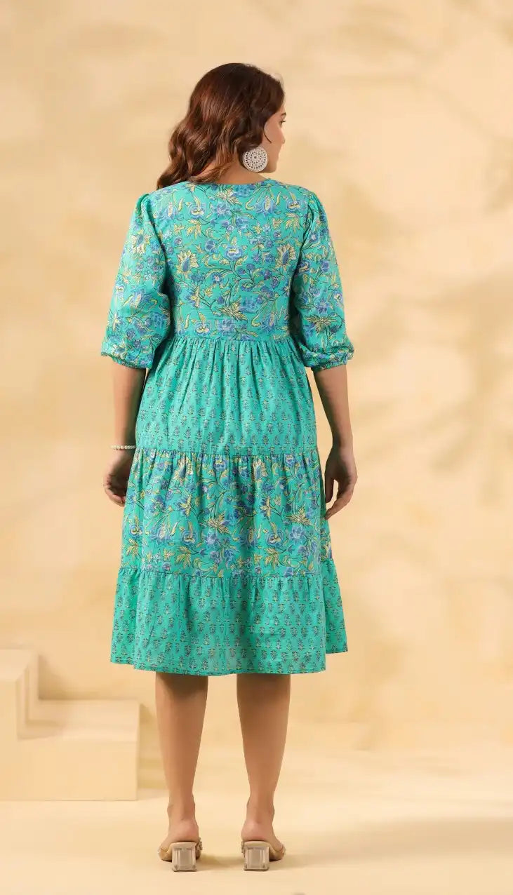 Teal floral print cotton kurta dress with tiered skirt, back view for women's daily wear