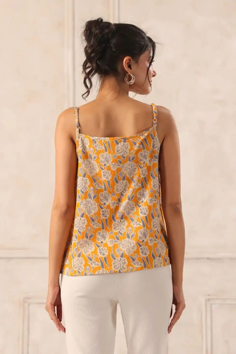 Backviewofyellowfloralcottonstrappytopforwomen - VyomTara