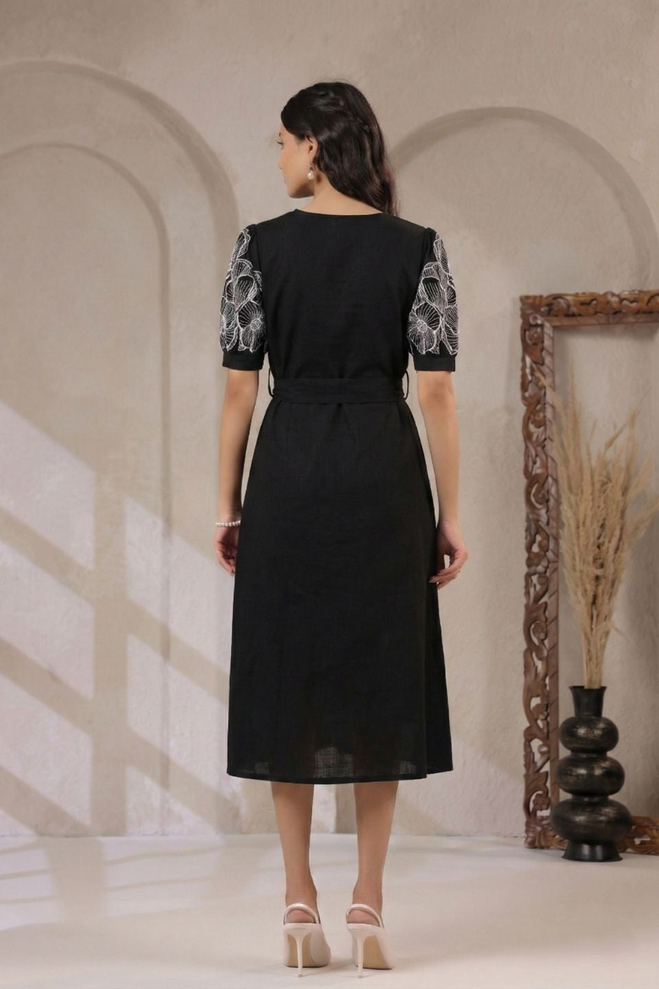 Black Embroidered Cotton Midi Dress for Women | Belted Party Wear Dress with V-Slit Neck