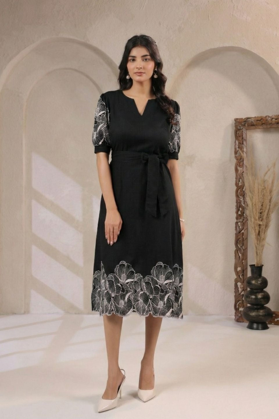 BlackEmbroideredCottonMidiDress-modelview - VyomTara