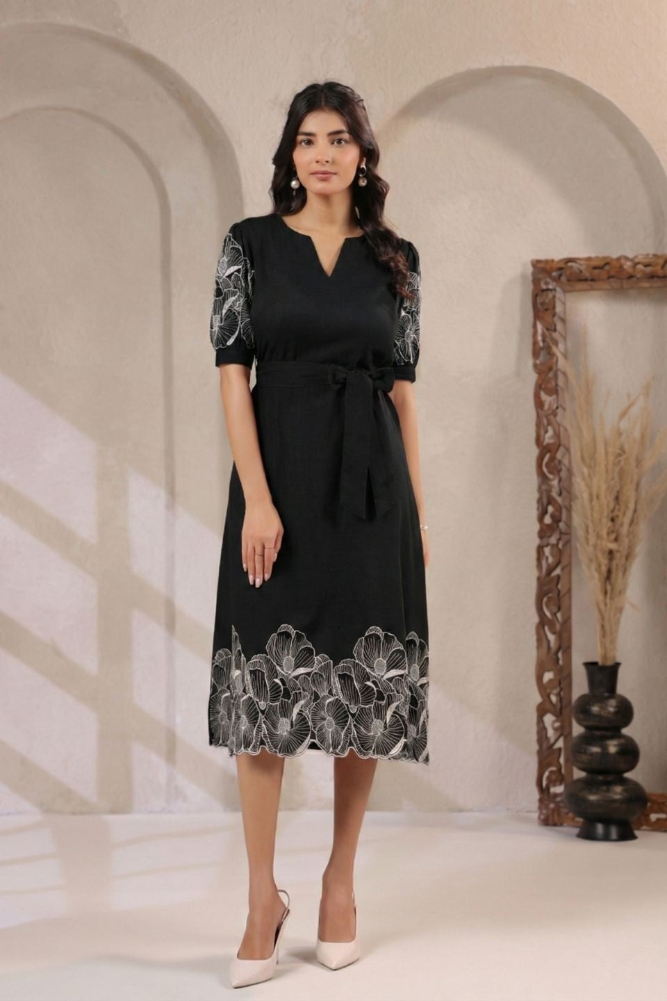 Black Embroidered Cotton Midi Dress for Women | Belted Party Wear Dress with V-Slit Neck