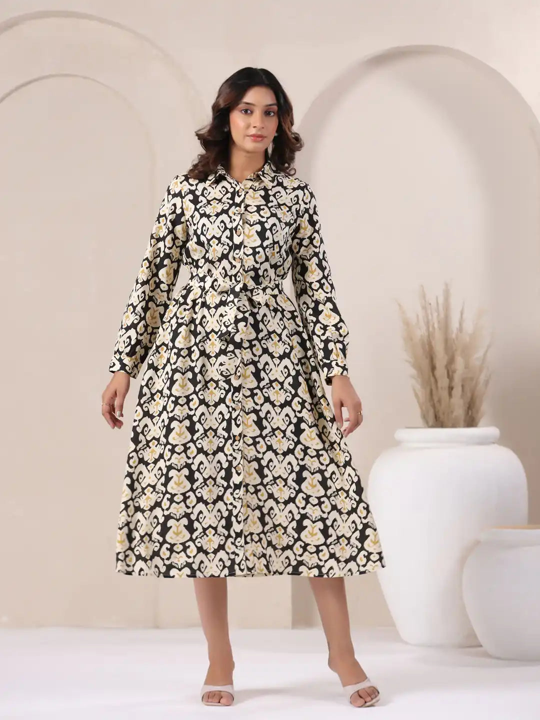 Black and cream printed cotton kurta dress for women, elegant daily wear with flared silhouette