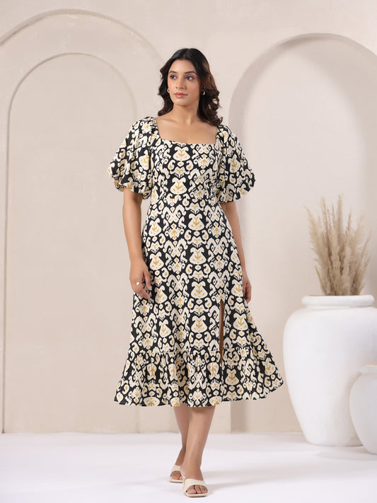 Black ikat print puff sleeve fit and flare midi dress for women front view