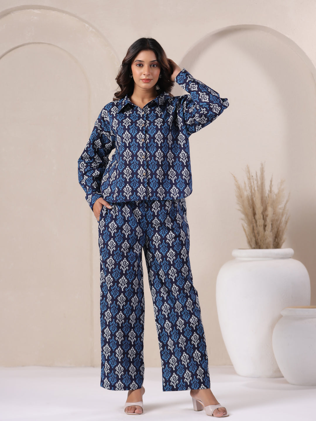 Blue and white patterned cotton kurta set for women, elegant and comfortable for daily wear