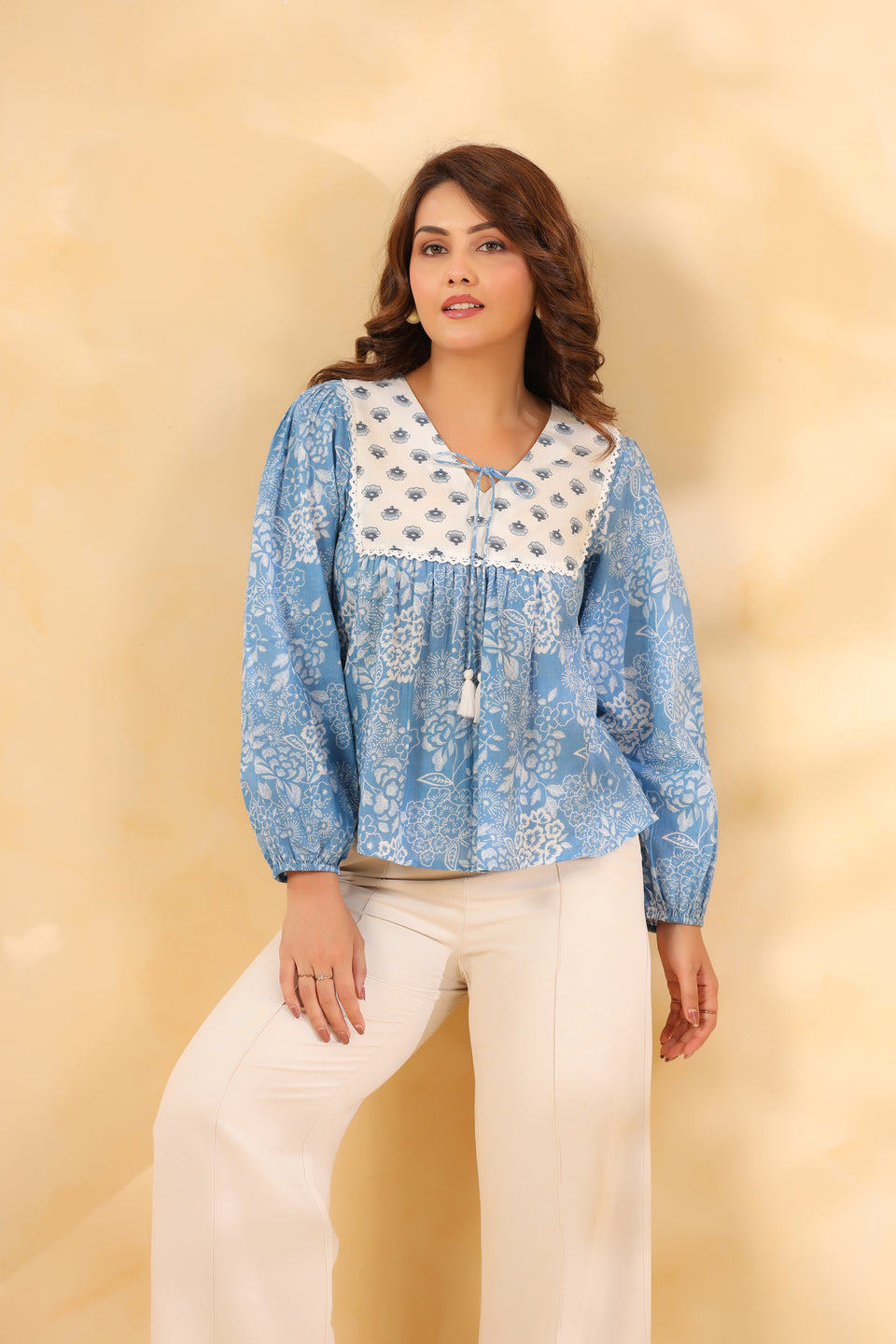 Powder Blue Floral Cotton Top