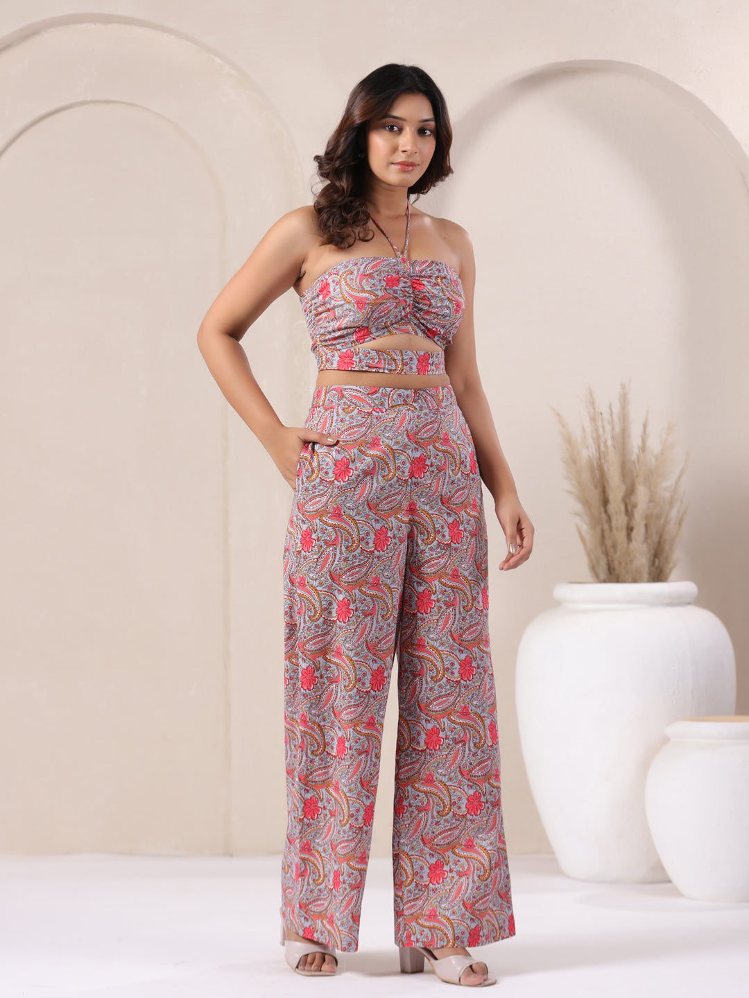 blue pink cotton co ord set stylish pose sleeveless tie up coord set women
