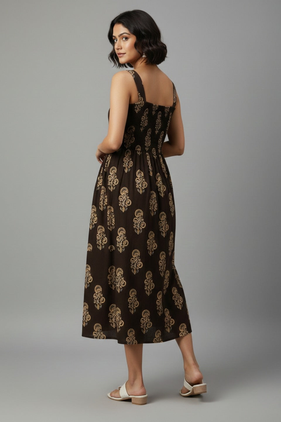 Ajrakh Brown Floral Cotton Midi Dress – Square Neck Fit & Flare