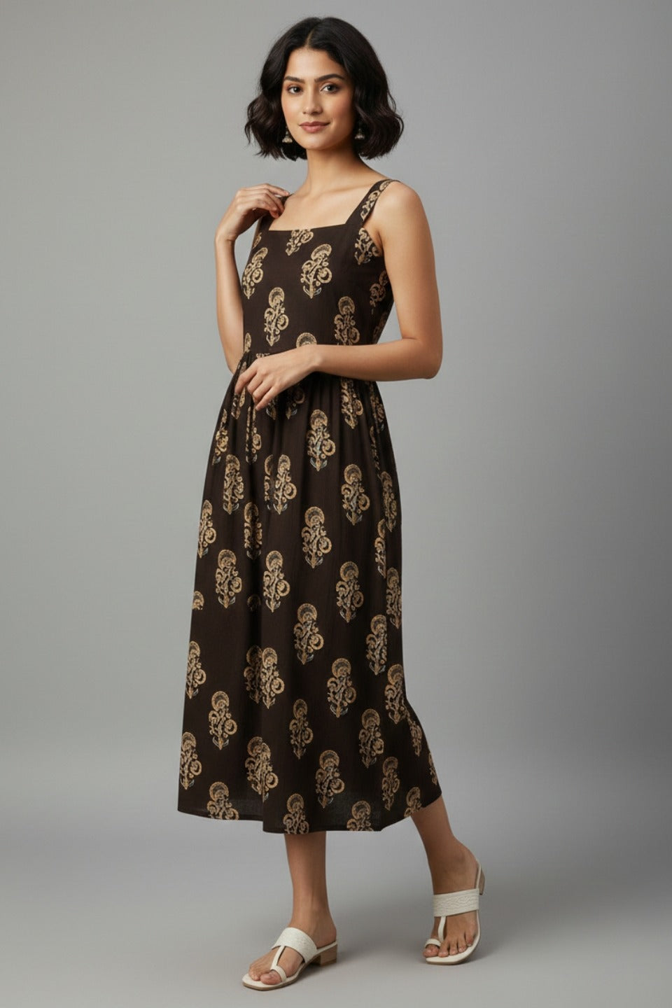 Ajrakh Brown Floral Cotton Midi Dress – Square Neck Fit & Flare