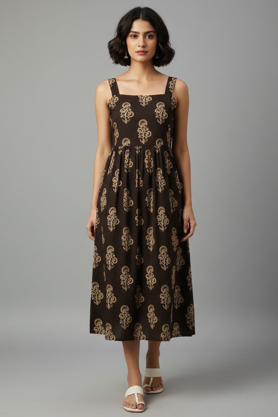 Ajrakh Brown Floral Cotton Midi Dress – Square Neck Fit & Flare
