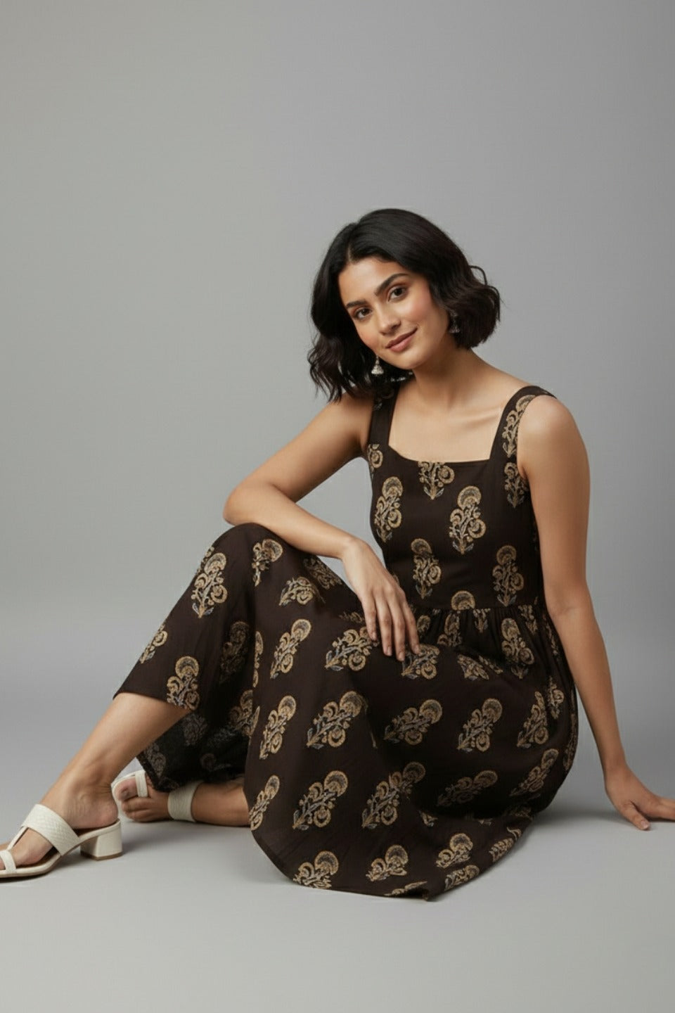 Ajrakh Brown Floral Cotton Midi Dress – Square Neck Fit & Flare