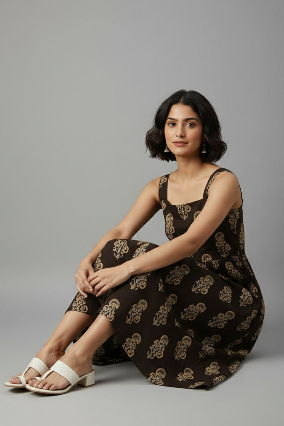 Ajrakh Brown Floral Cotton Midi Dress – Square Neck Fit & Flare