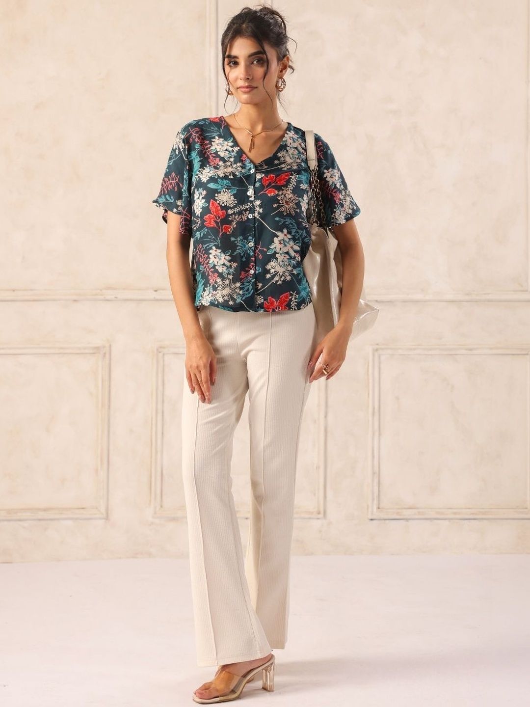 Teal Floral Print Flutter Sleeve Boxy Shirt Top