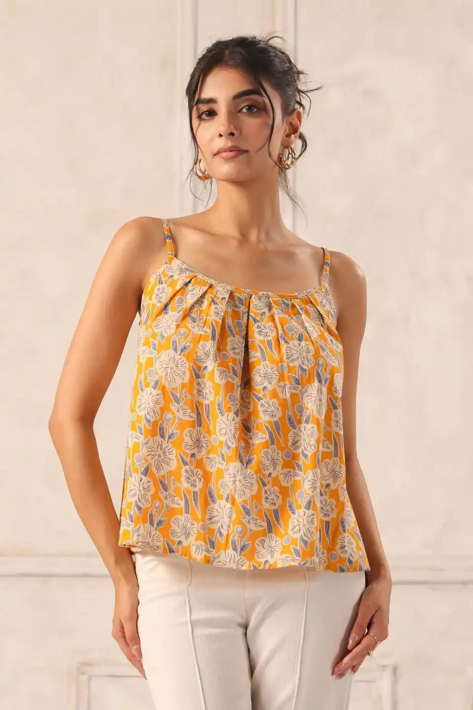 Close-upfloralprintonyellowcottoncamitop - VyomTara