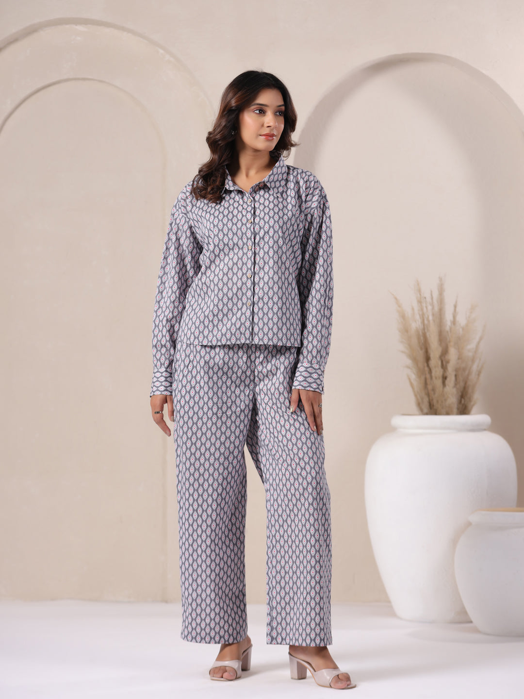 cotton co ord set grey relaxed fit long sleeve coord set breathable casual wear