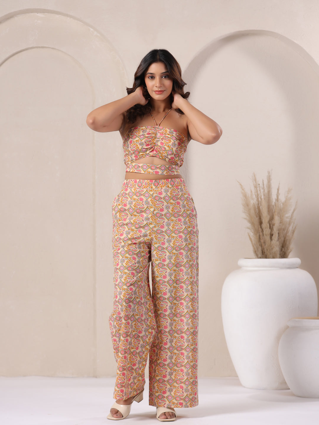 custard yellow coord set casual styling breathable cotton co ord set for women