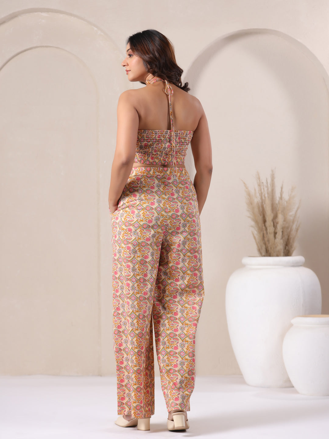 custard yellow jaal print cotton co ord set for women back view sleeveless summer outfit